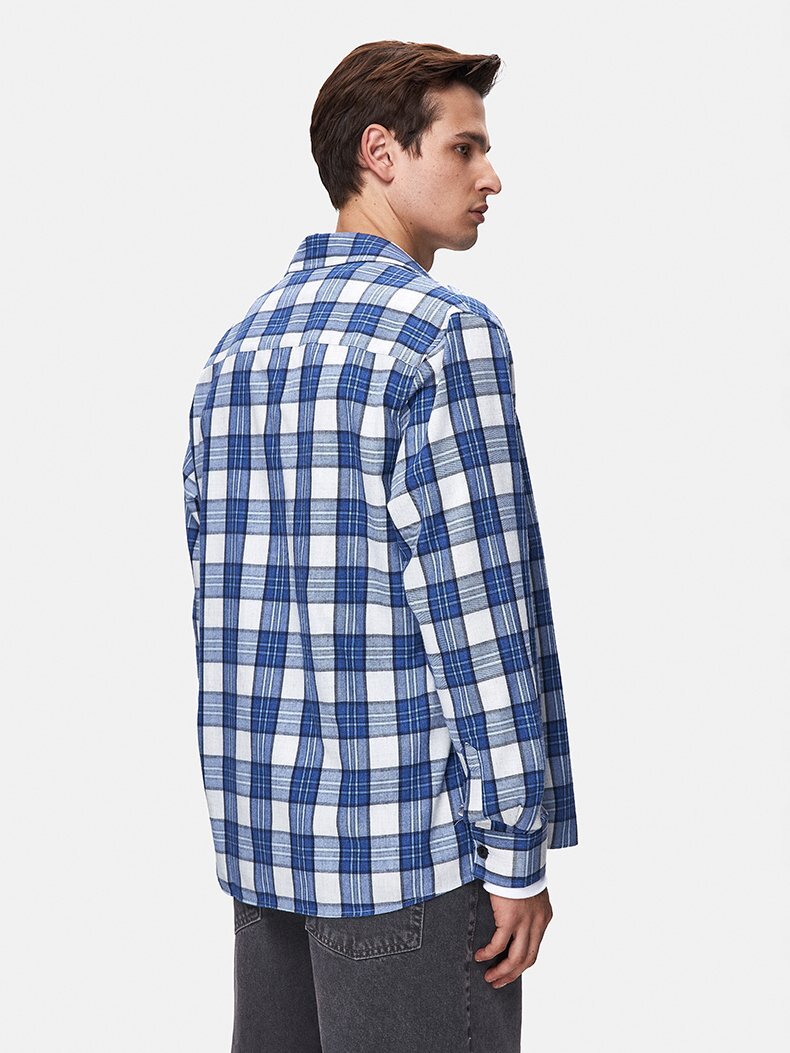 Karelı Relaxed Fit Mavi Gömlek