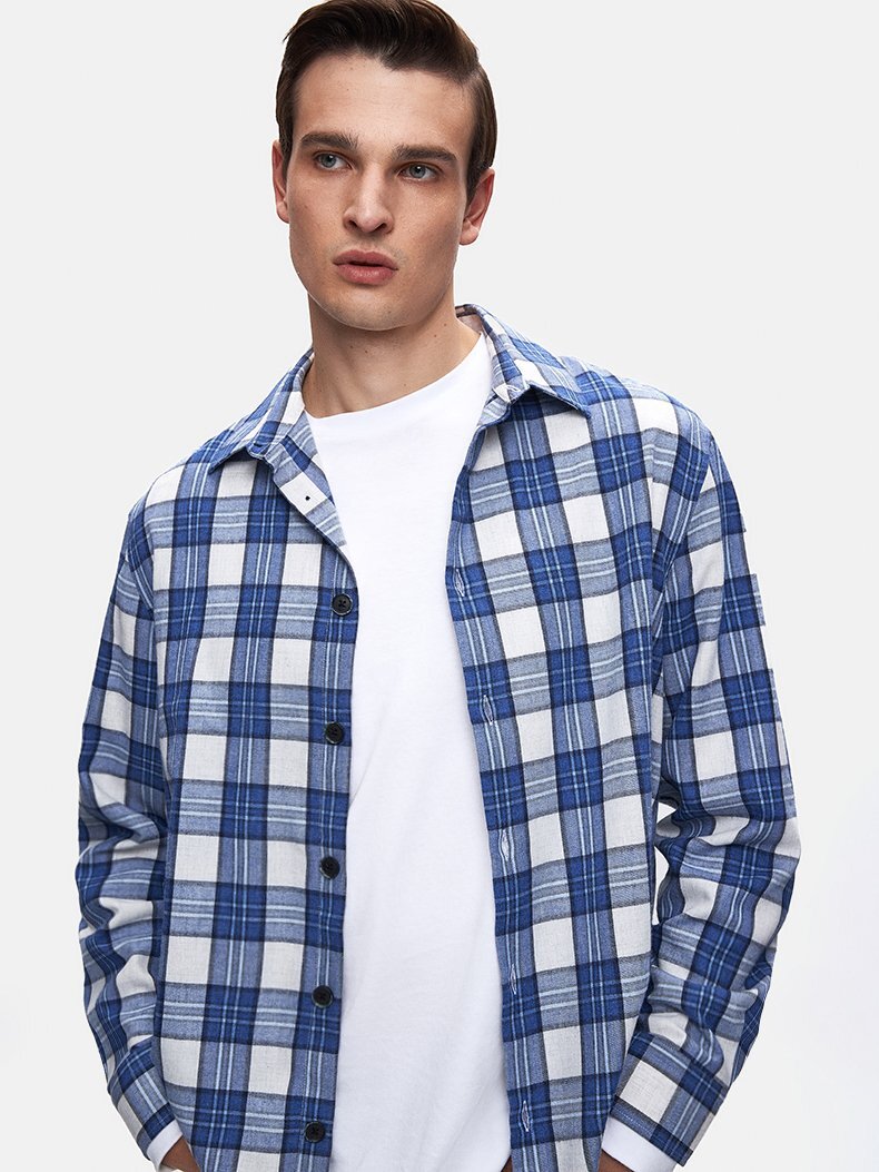 Karelı Relaxed Fit Mavi Gömlek