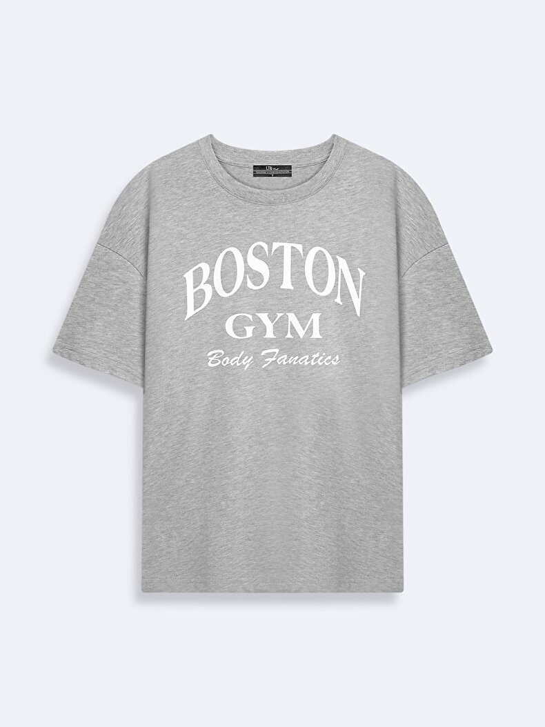 Boston Baskılı Gri T-shırt