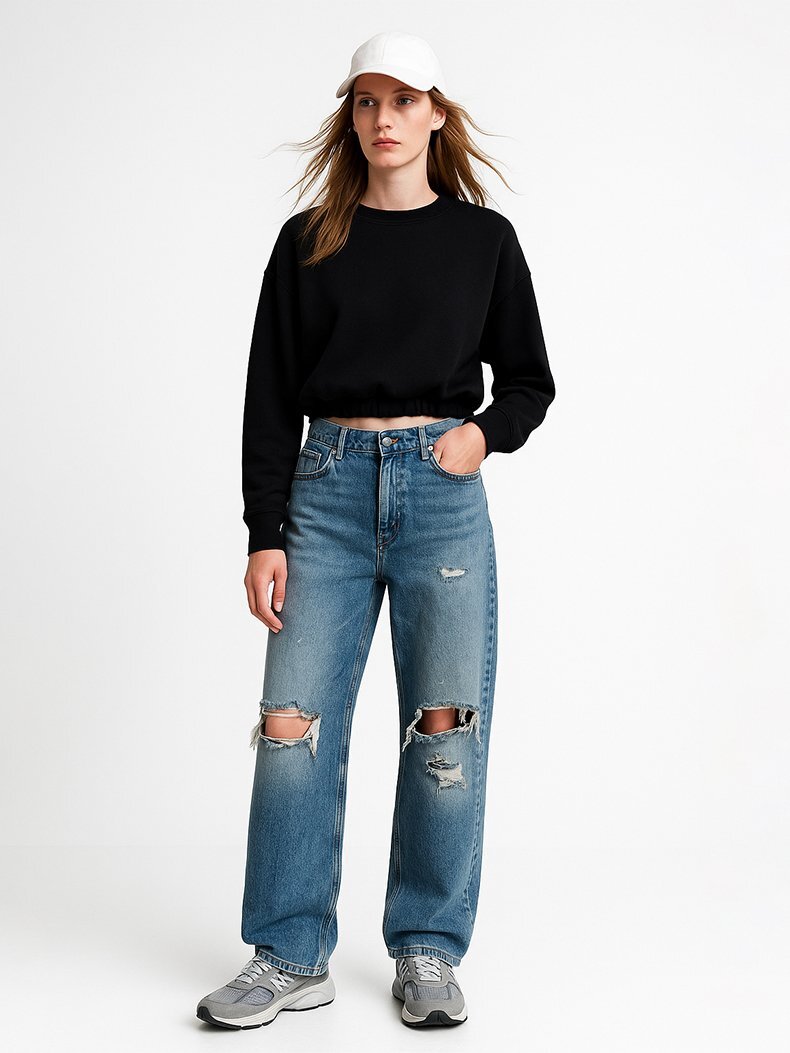 Asymmetric Waist Elastic Black Sweatshirt
