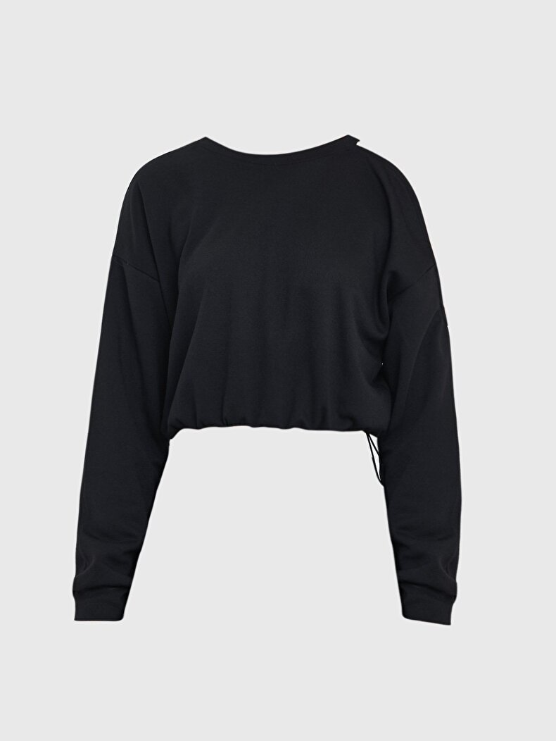 Asimetrik Beli Lastikli Siyah Sweatshırt