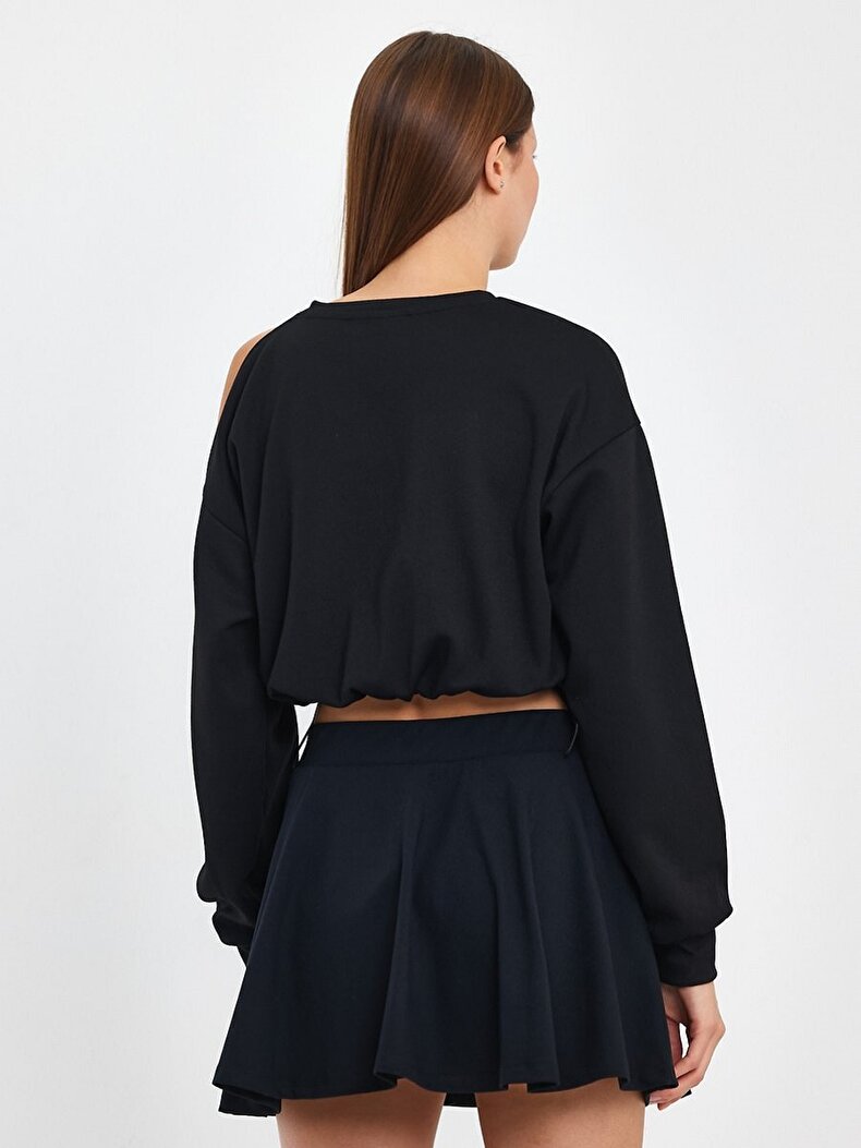 Asymmetric Waist Elastic Black Sweatshirt
