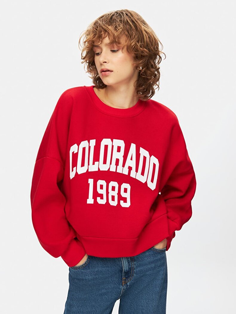 Colorado Baskılı Sıfır Yaka Uzun Kollu Kırmızı Sweatshırt