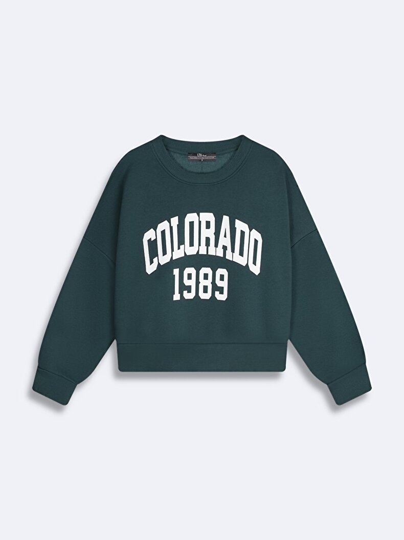 Colorado Baskılı Sıfır Yaka Uzun Kollu Yeşil Sweatshırt