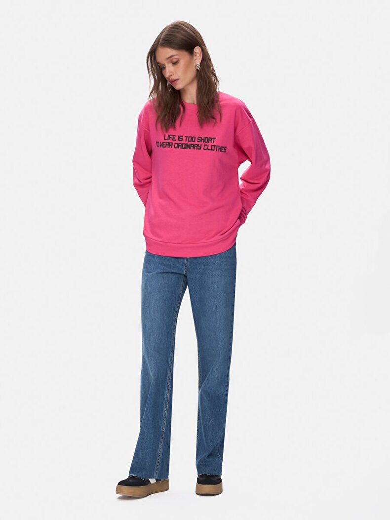Sloganlı Sıfır Yaka Uzun Kollu Pembe Sweatshırt
