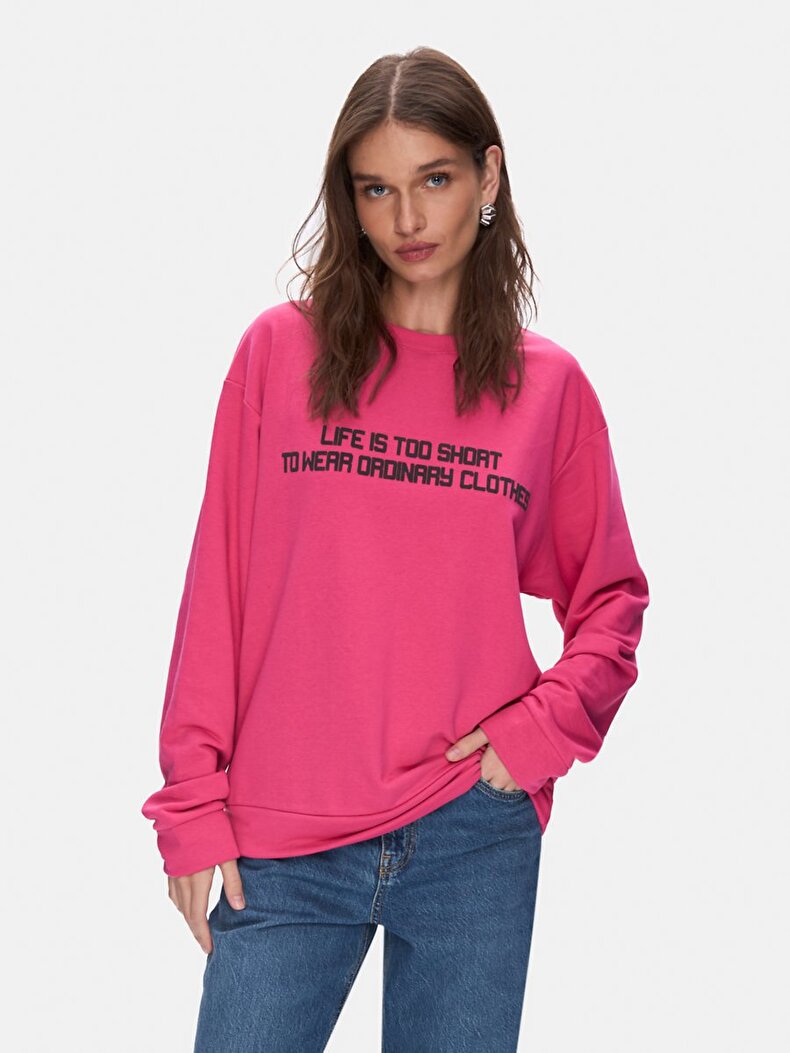 Sloganlı Sıfır Yaka Uzun Kollu Pembe Sweatshırt