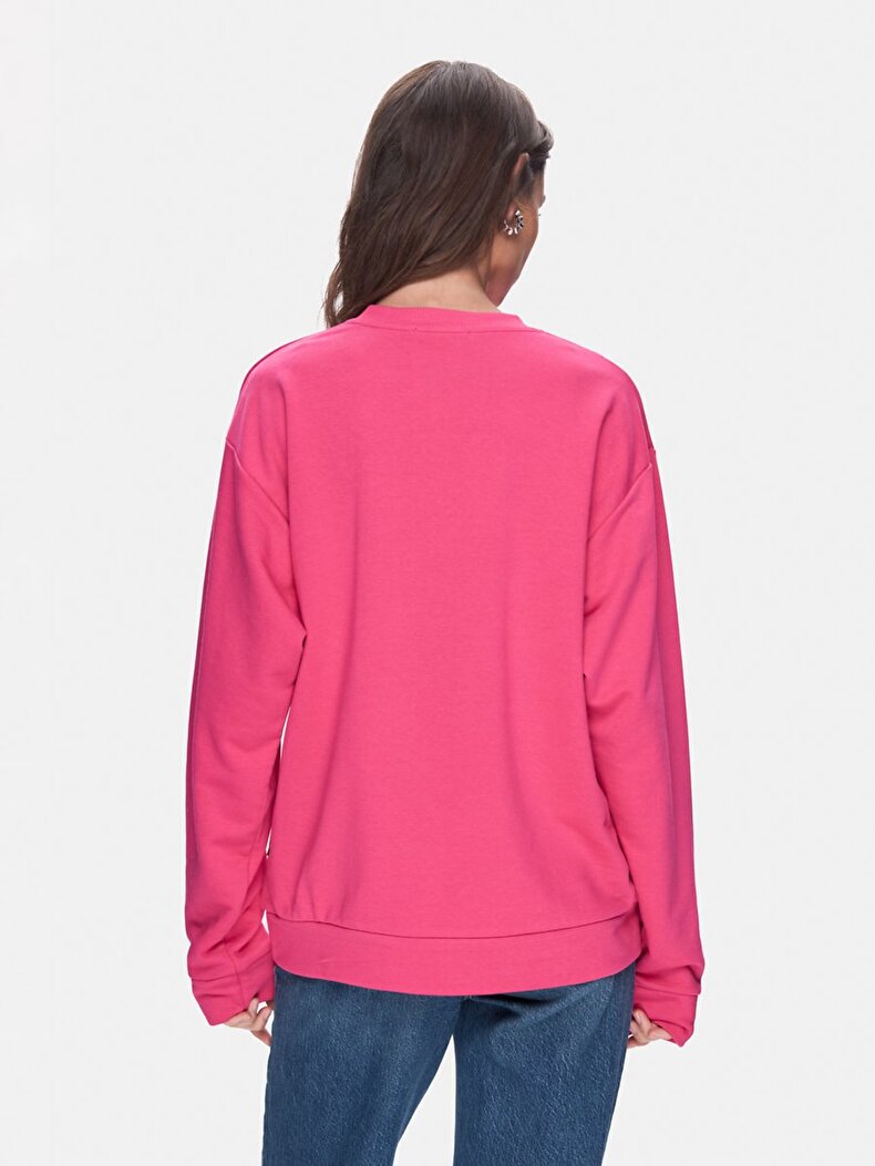 Sloganlı Sıfır Yaka Uzun Kollu Pembe Sweatshırt