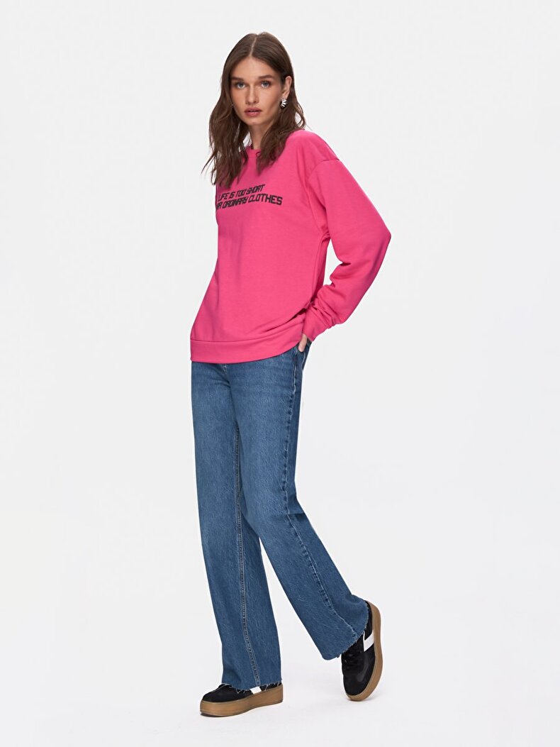 Sloganlı Sıfır Yaka Uzun Kollu Pembe Sweatshırt