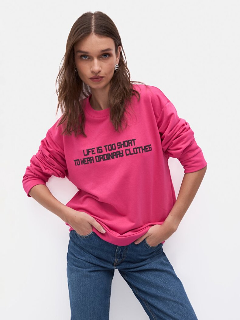 Sloganlı Sıfır Yaka Uzun Kollu Pembe Sweatshırt