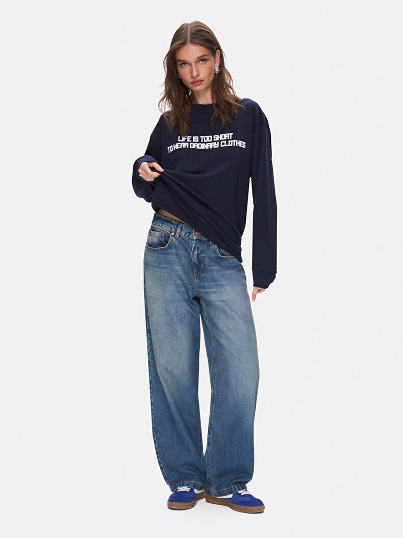Print Crew Neck Long Sleeve Navy Sweatshirt