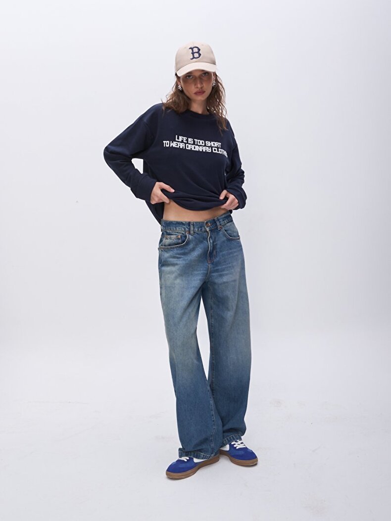 Print Crew Neck Long Sleeve Navy Sweatshirt
