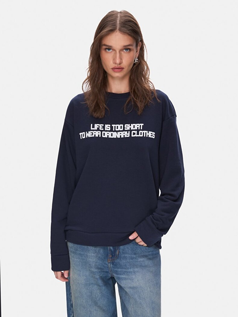 Print Crew Neck Long Sleeve Navy Sweatshirt