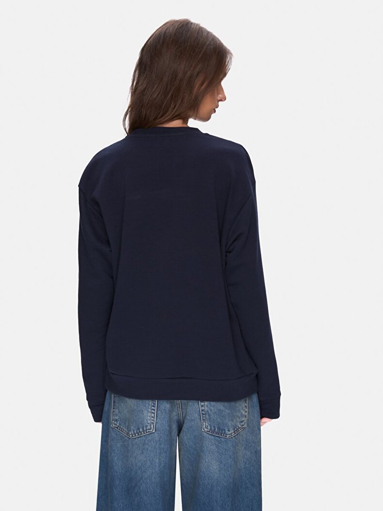 Print Crew Neck Long Sleeve Navy Sweatshirt