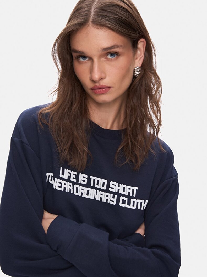 Print Crew Neck Long Sleeve Navy Sweatshirt