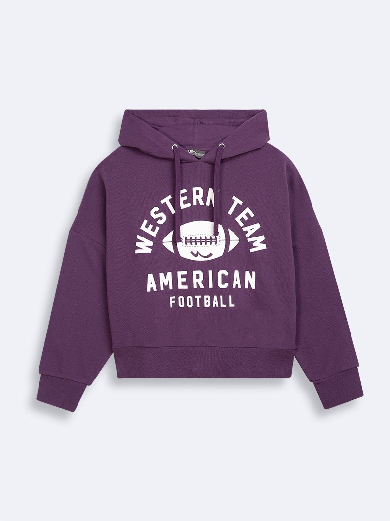 Baskılı Kapüşonlu Boxy Fıt Mor Sweatshırt