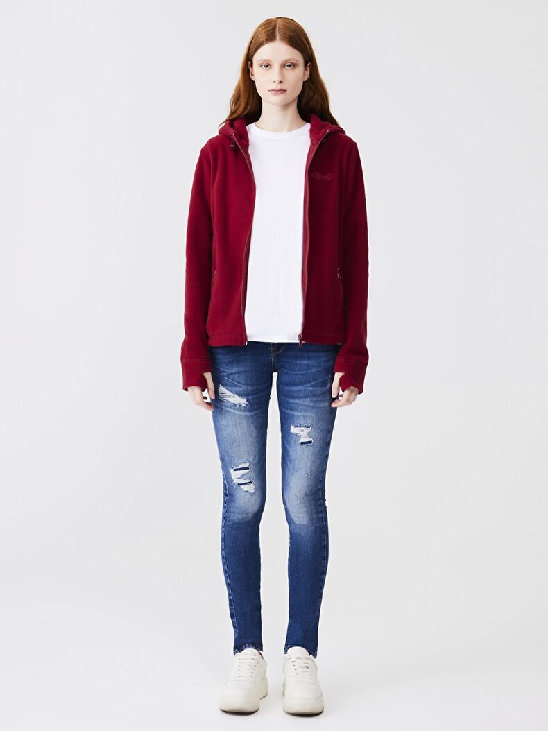 Düz Kapüşonlu Polar Fermuarlı Regular Fit Mor Sweatshırt