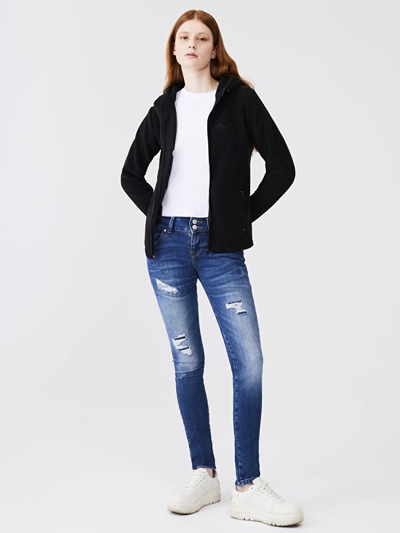 Düz Kapüşonlu Polar Fermuarlı Regular Fit Siyah Sweatshırt