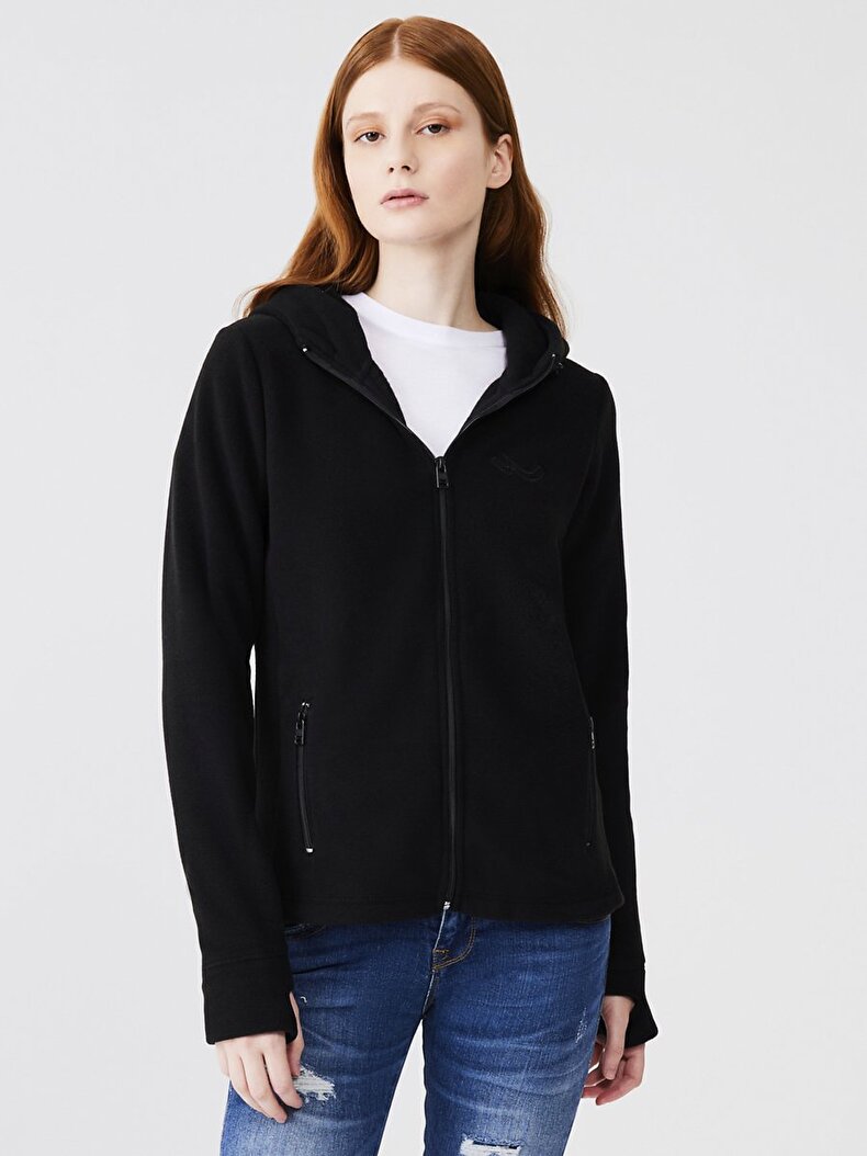 Düz Kapüşonlu Polar Fermuarlı Regular Fit Siyah Sweatshırt