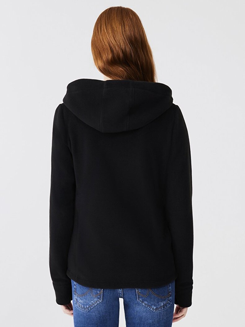 Düz Kapüşonlu Polar Fermuarlı Regular Fit Siyah Sweatshırt
