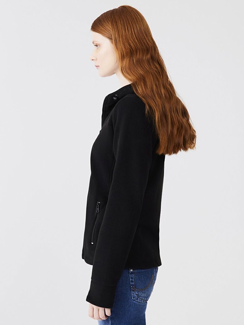 Düz Kapüşonlu Polar Fermuarlı Regular Fit Siyah Sweatshırt