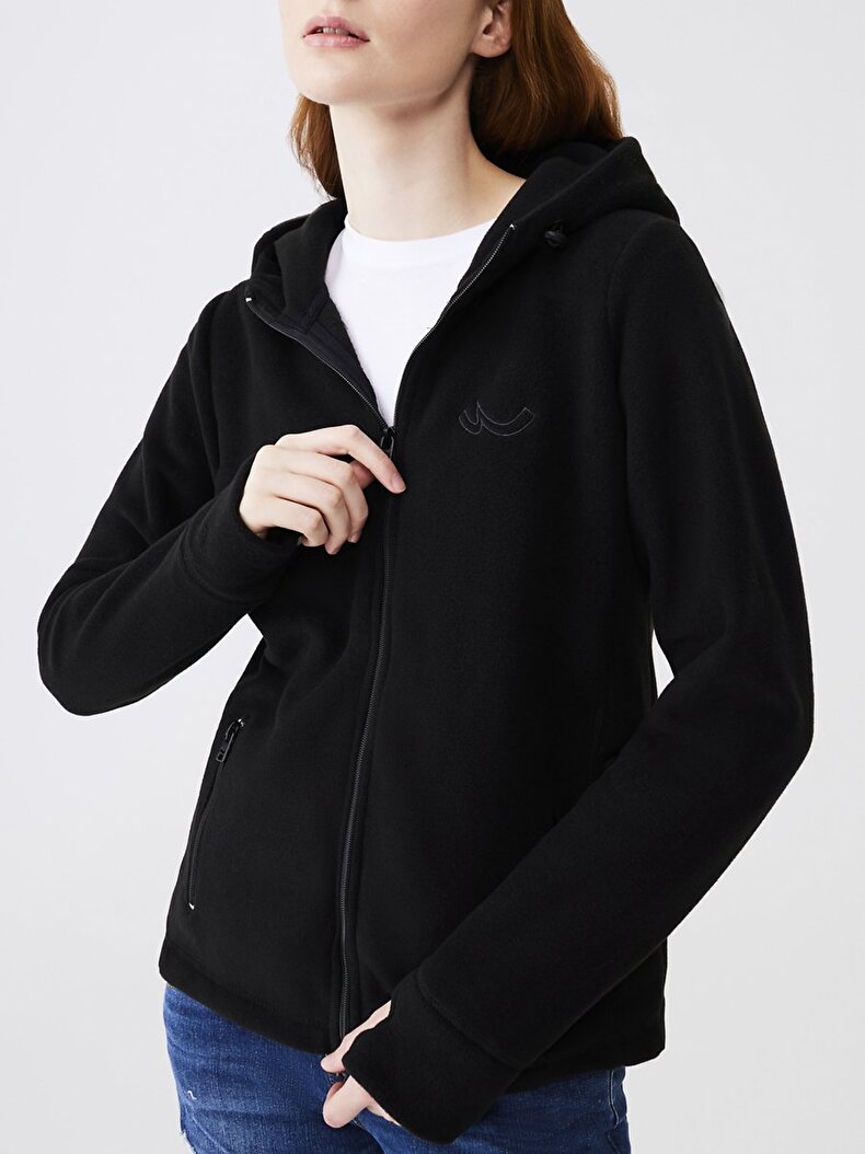 Düz Kapüşonlu Polar Fermuarlı Regular Fit Siyah Sweatshırt