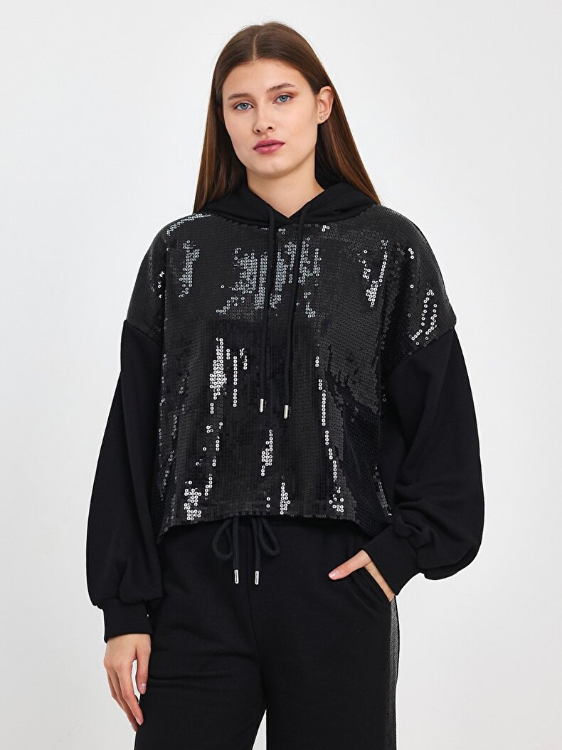 Payetli Kapüşonlu Siyah Sweatshırt