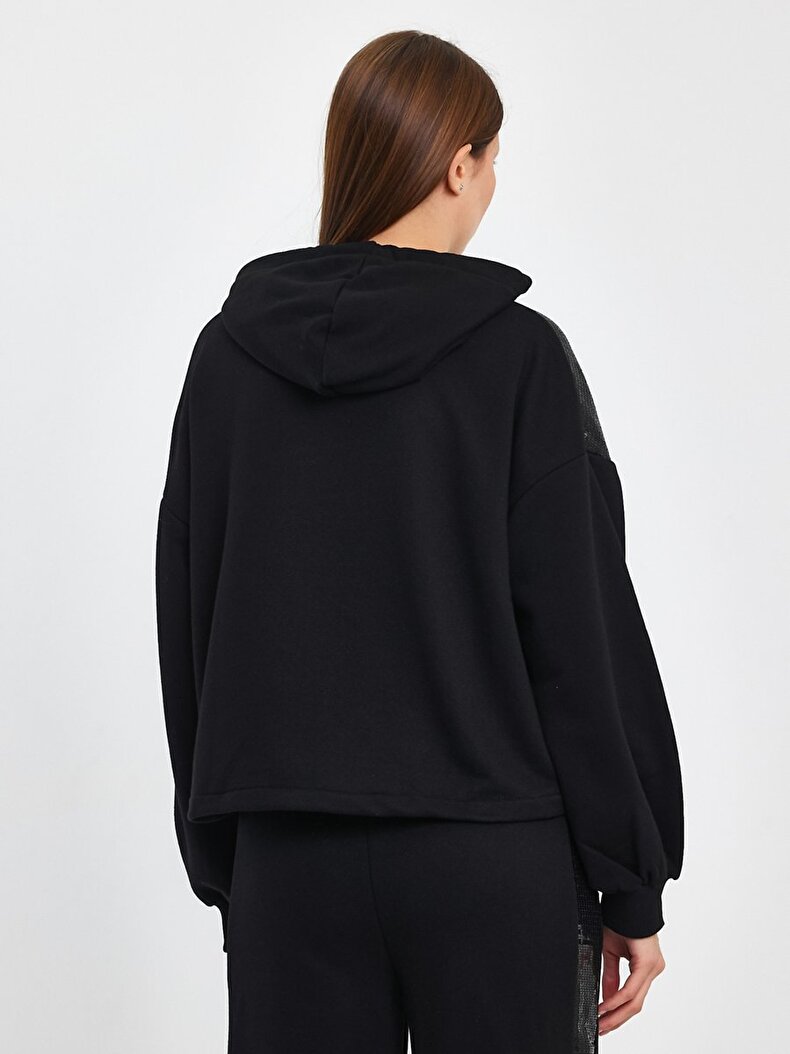 Payetli Kapüşonlu Siyah Sweatshırt