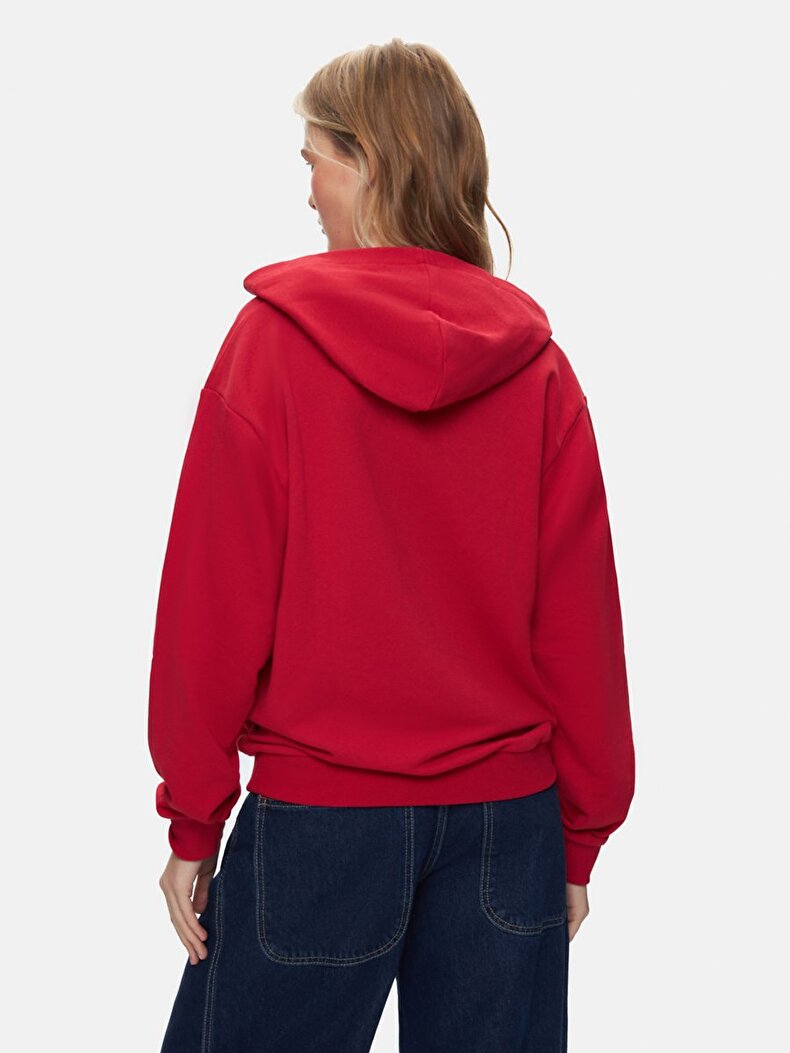 Sırtı Baskılı Kapüşonlu Fermuarsız Regular Fit Kırmızı Sweatshırt