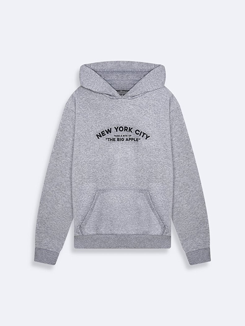 Sırtı Baskılı Kapüşonlu Fermuarsız Regular Fit Gri Sweatshırt