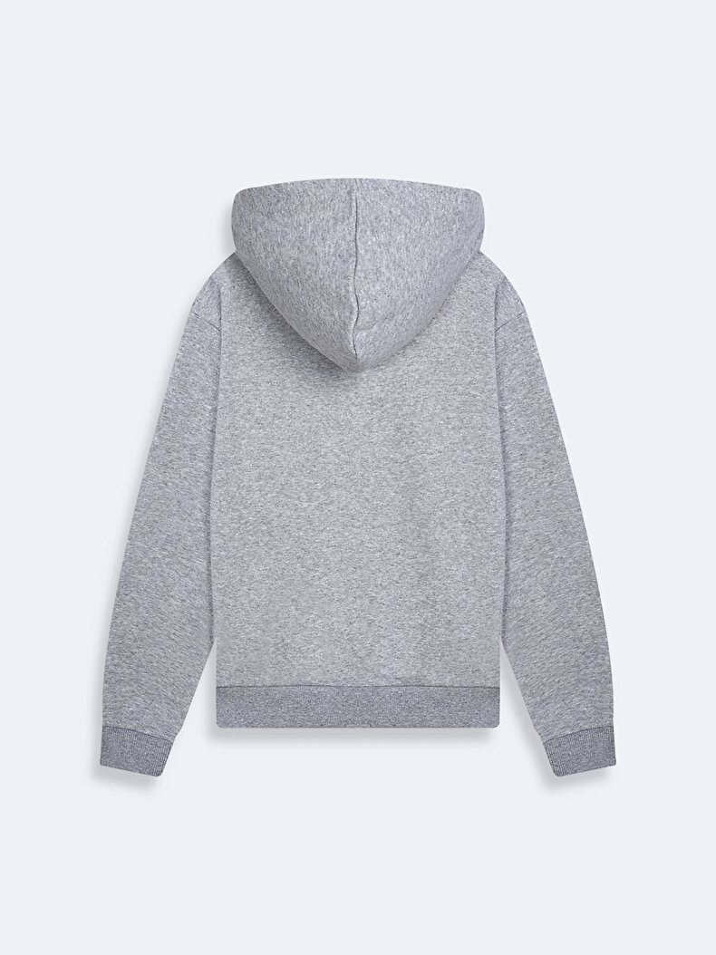 Sırtı Baskılı Kapüşonlu Fermuarsız Regular Fit Gri Sweatshırt