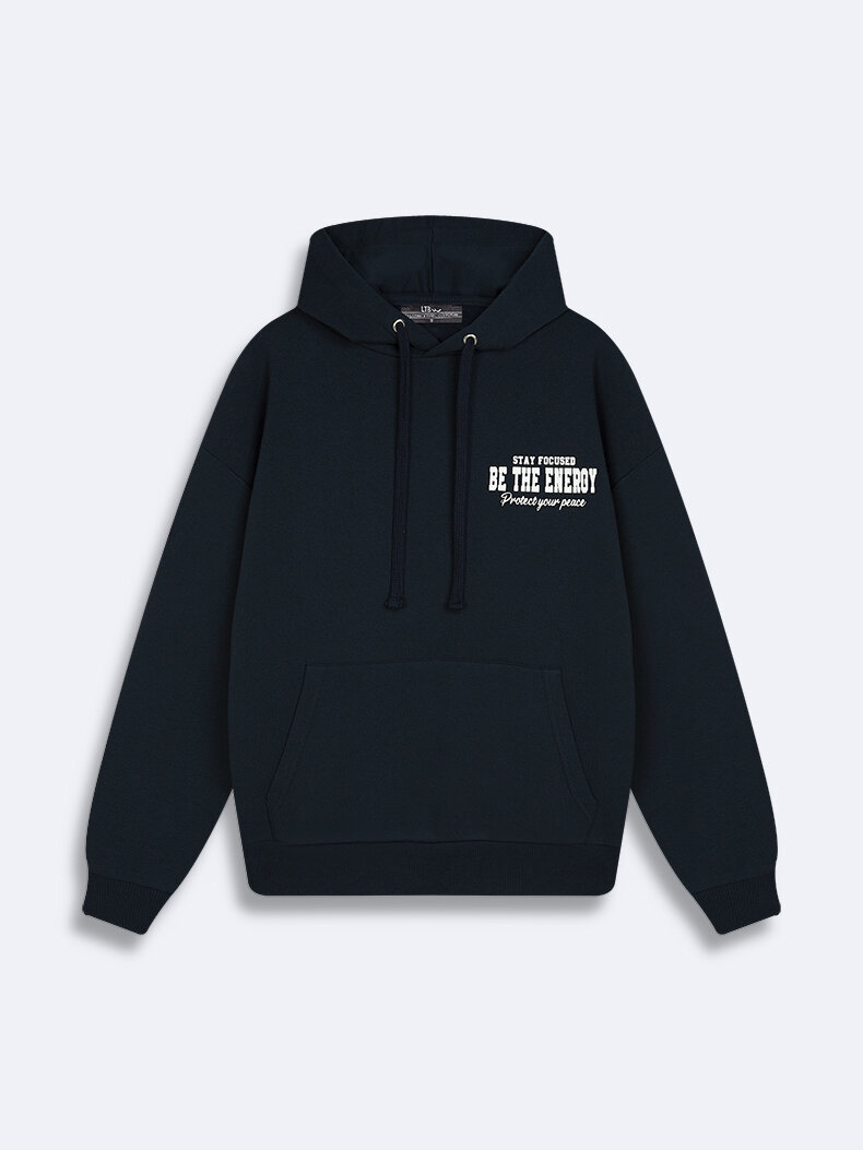 Surface With Print With Hood Without Zipper Relaxed Fi̇t Navy Sweatshirt
