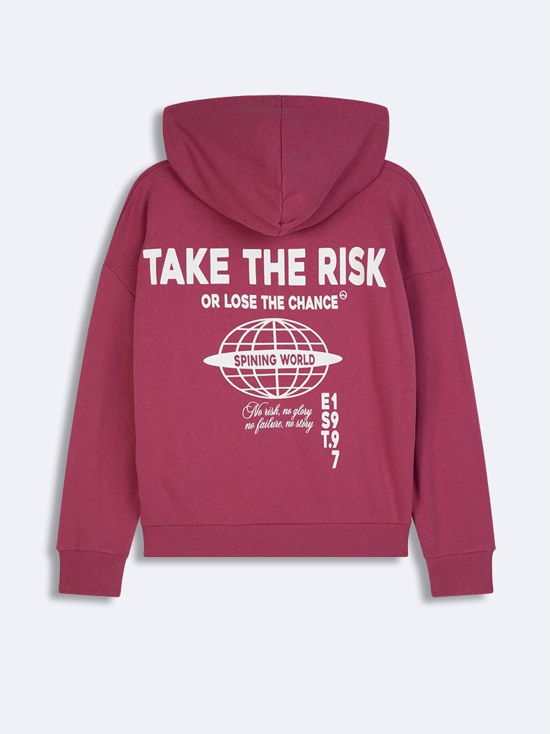 Sırtı Baskılı Kapüşonlu Fermuarsız Relaxed Fit Mor Sweatshırt