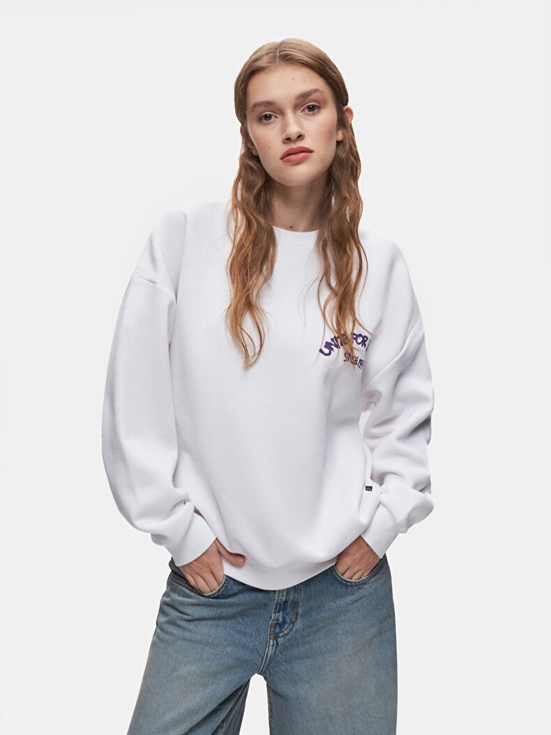 Print Crew Neck Long Sleeve Oversized Fit White Sweatshirt