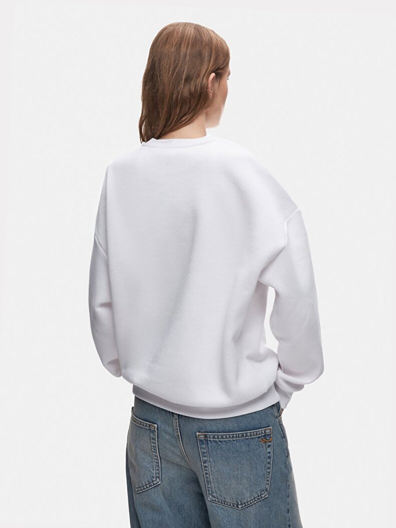 Print Crew Neck Long Sleeve Oversized Fit White Sweatshirt
