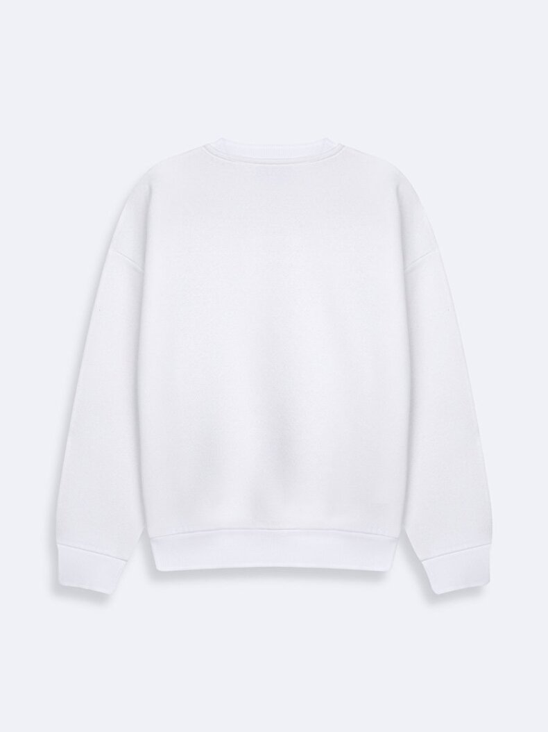 Düz Kapüşonlu Fermuarsız Regular Fit Beyaz Sweatshırt