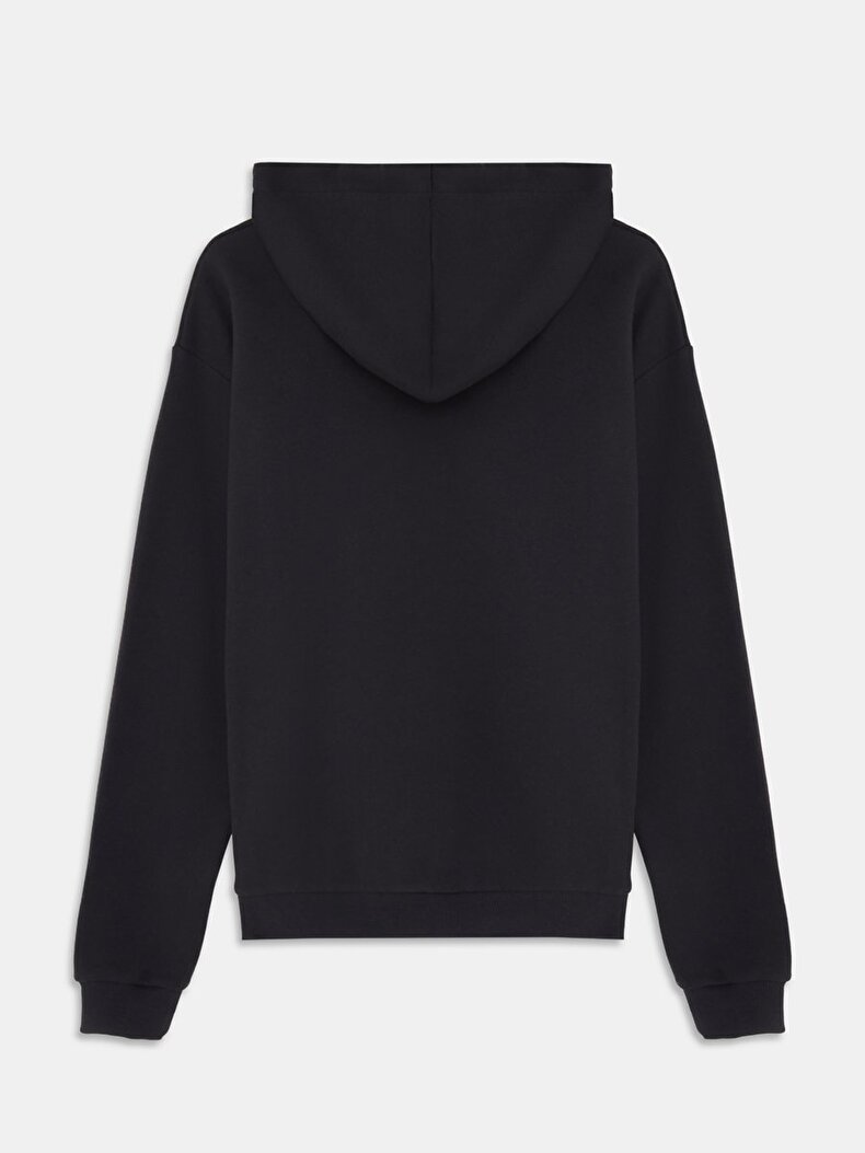 Düz Kapüşonlu Fermuarsız Regular Fit Siyah Sweatshırt