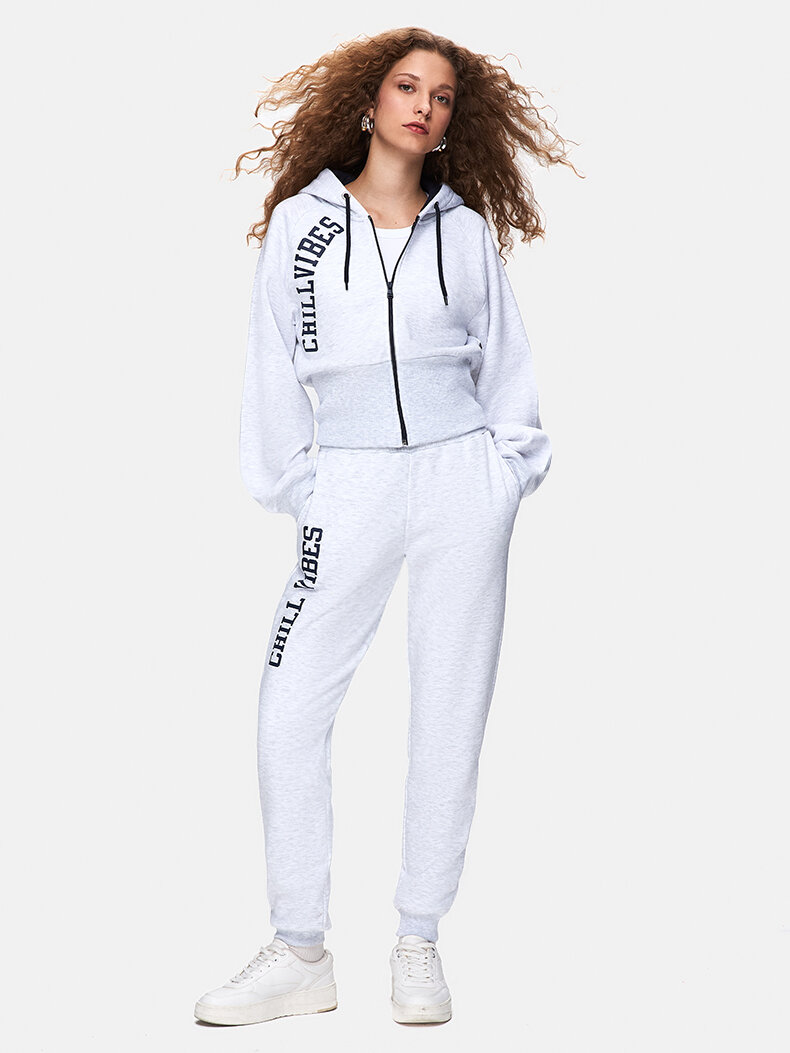 Sloganlı Kapüşonlu Fermuarlı Fit Gri Sweatshırt