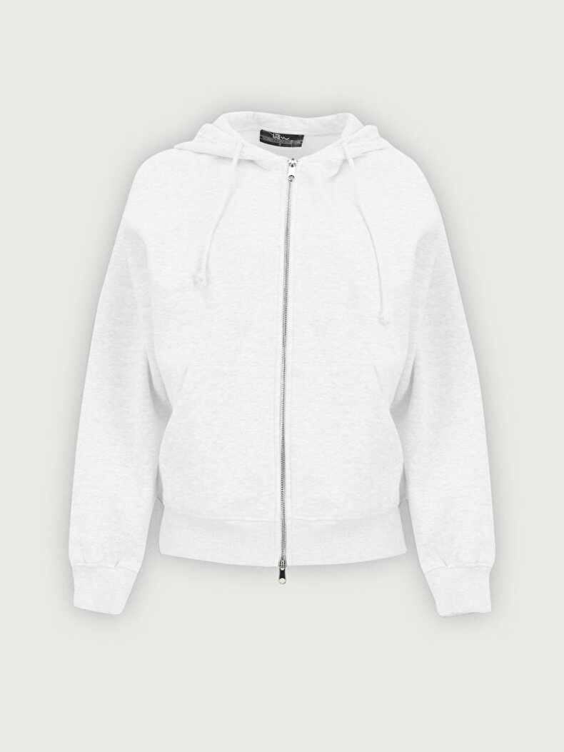 Düz Kapüşonlu Fermuarlı Relaxed Fit Beyaz Sweatshırt
