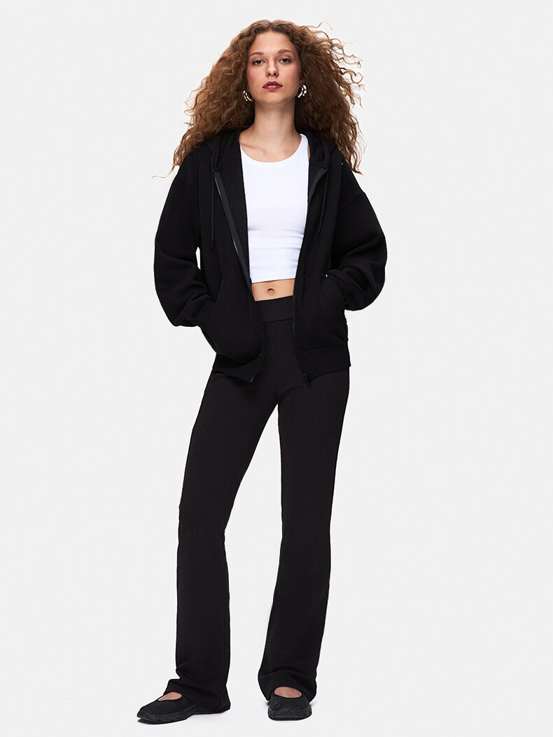 Düz Kapüşonlu Fermuarlı Relaxed Fit Siyah Sweatshırt