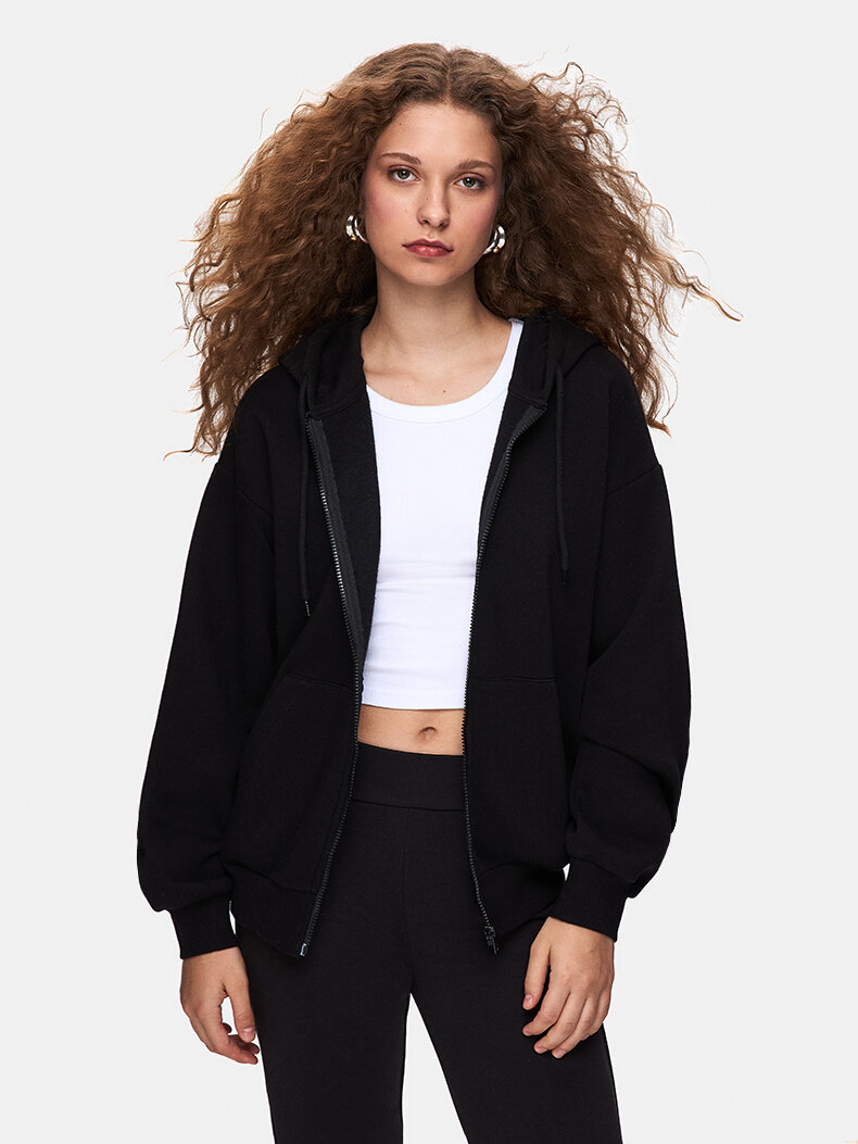 Düz Kapüşonlu Fermuarlı Relaxed Fit Siyah Sweatshırt