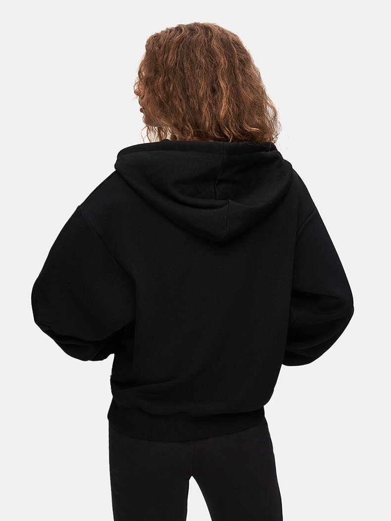 Düz Kapüşonlu Fermuarlı Relaxed Fit Siyah Sweatshırt