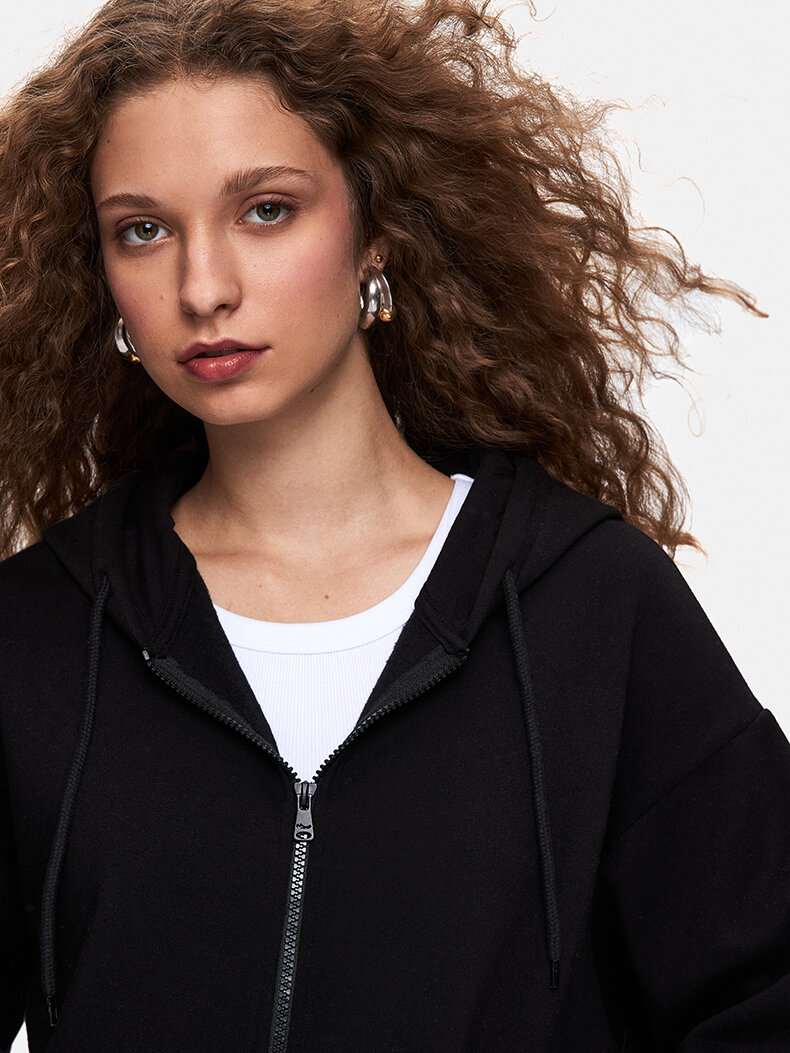 Düz Kapüşonlu Fermuarlı Relaxed Fit Siyah Sweatshırt
