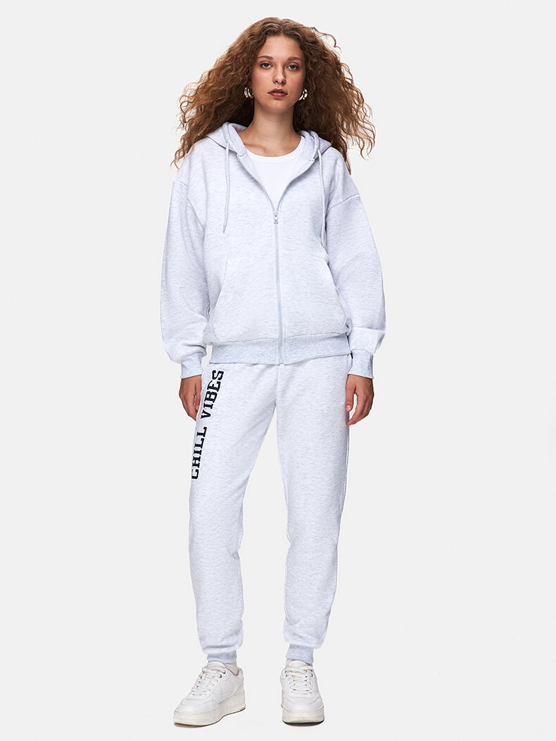 Düz Kapüşonlu Fermuarlı Relaxed Fit Gri Sweatshırt