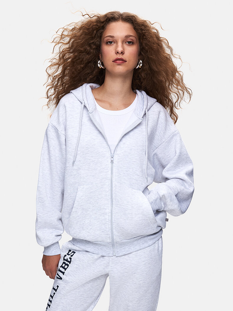 Düz Kapüşonlu Fermuarlı Relaxed Fit Gri Sweatshırt