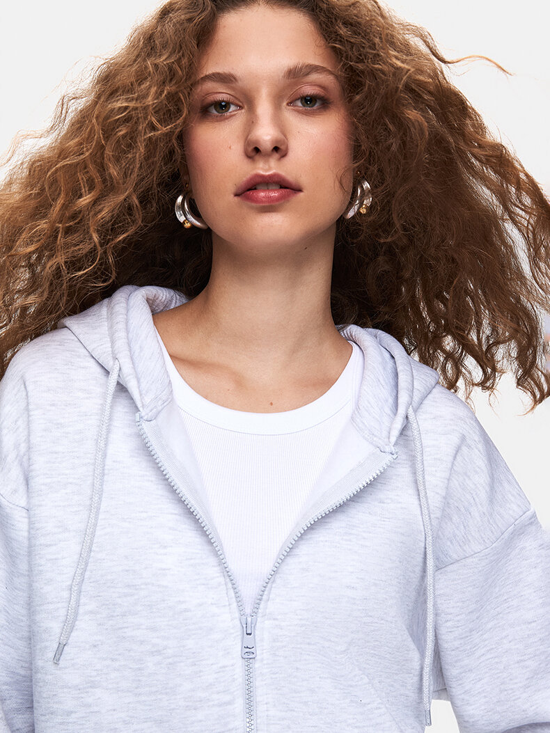 Düz Kapüşonlu Fermuarlı Relaxed Fit Gri Sweatshırt