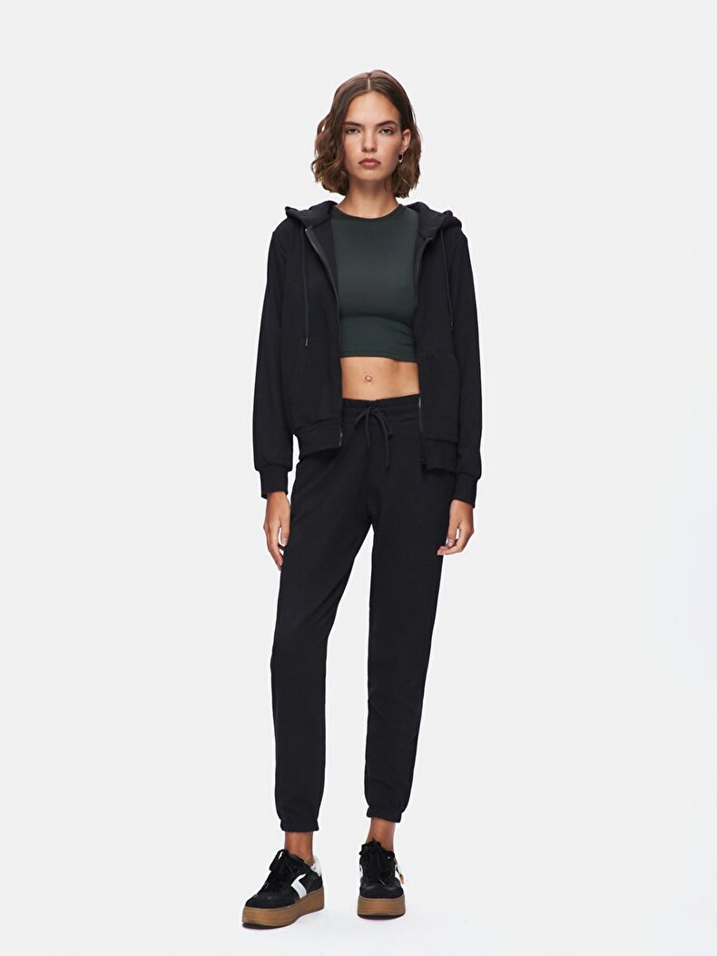 Düz Kapüşonlu Fermuarlı Regular Fit Siyah Sweatshırt
