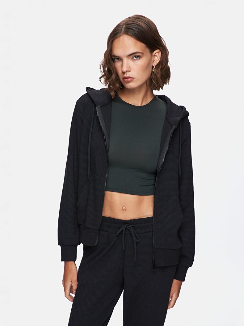 Düz Kapüşonlu Fermuarlı Regular Fit Siyah Sweatshırt