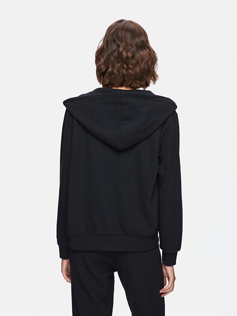 Düz Kapüşonlu Fermuarlı Regular Fit Siyah Sweatshırt