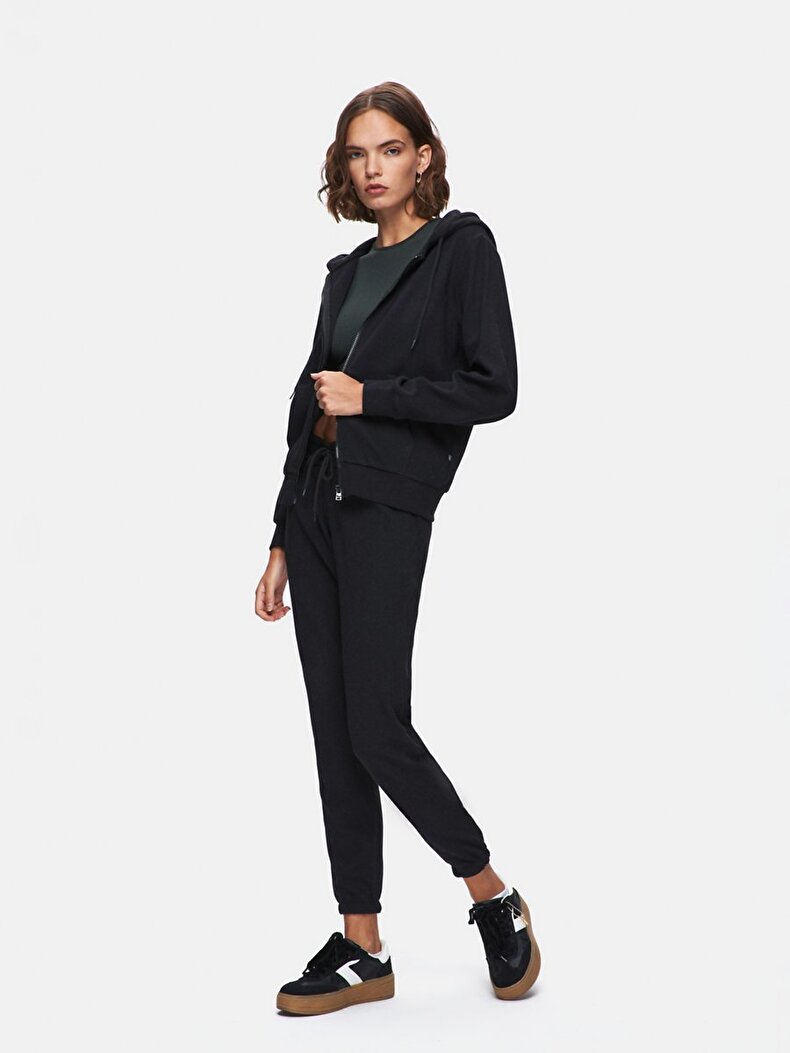 Düz Kapüşonlu Fermuarlı Regular Fit Siyah Sweatshırt