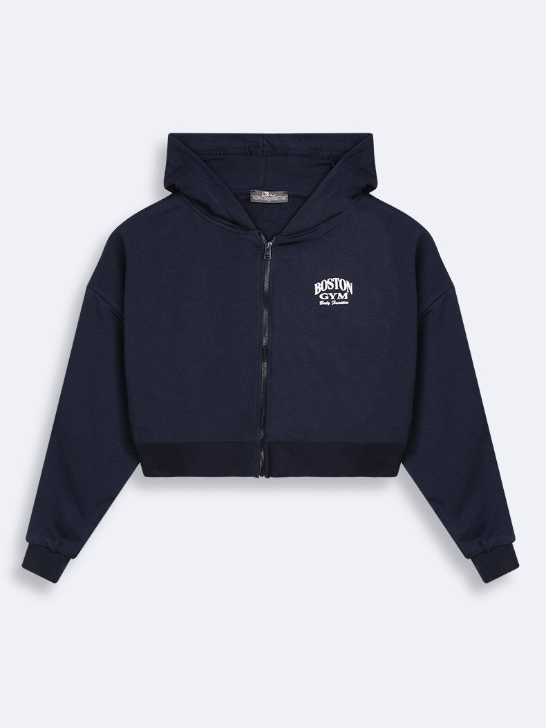 Print With Hood Zipper Closing Boxy Fit Navy Sweatshirt